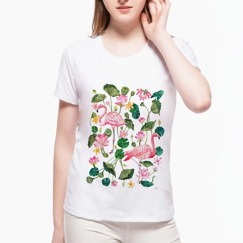 

2020 Harajuku Cute Women Tops Fake sequins flamingos Print t shirt Loose Round Neck hipster lady clothing wah1(1) #