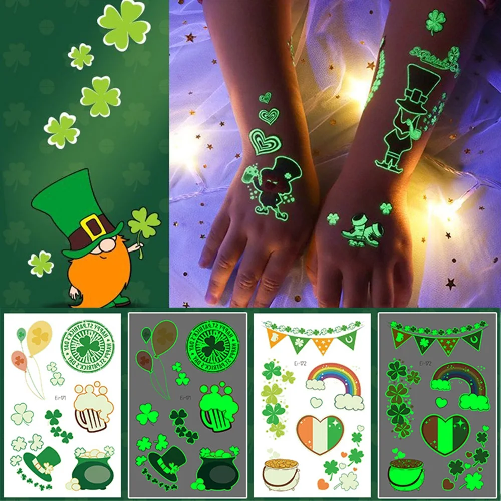 

10 видов светящихся временных татуировок «Святого Патрика», зеленый, ирландский клевер, праздничные Вечеринки, фосфоресцирующие водонепроницаемые одноразовые наклейки