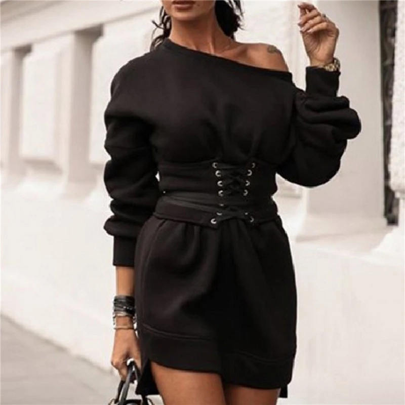

Sexy Women Mini Dress Fall Winter Fashion Casual O Neck High Waist Long Sleeve Lace Up Black White Sweatshirt Dresses