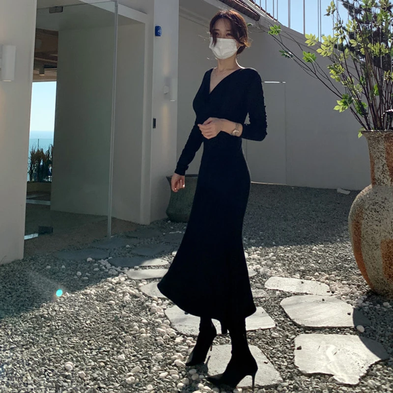 

V-neck Long Sleeve Long Dress Women Robes High Waist A-line Casual Outerwear Woman Party Dresses TA7412