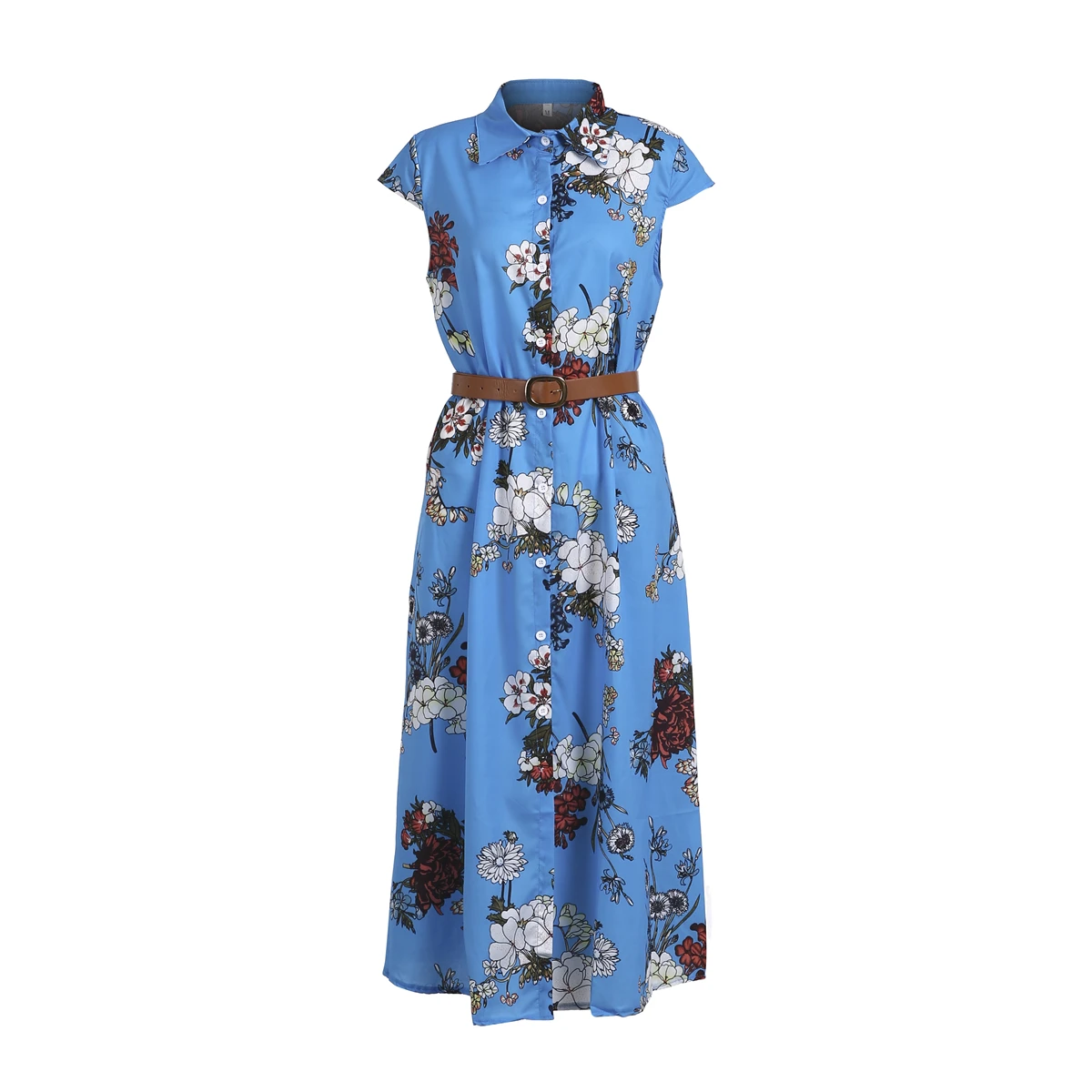 

Boho Women Summer Dress Holiday Flower Print Dresses With Belt Maxi Dress V-neck Long Shirt Sundress Vestidos