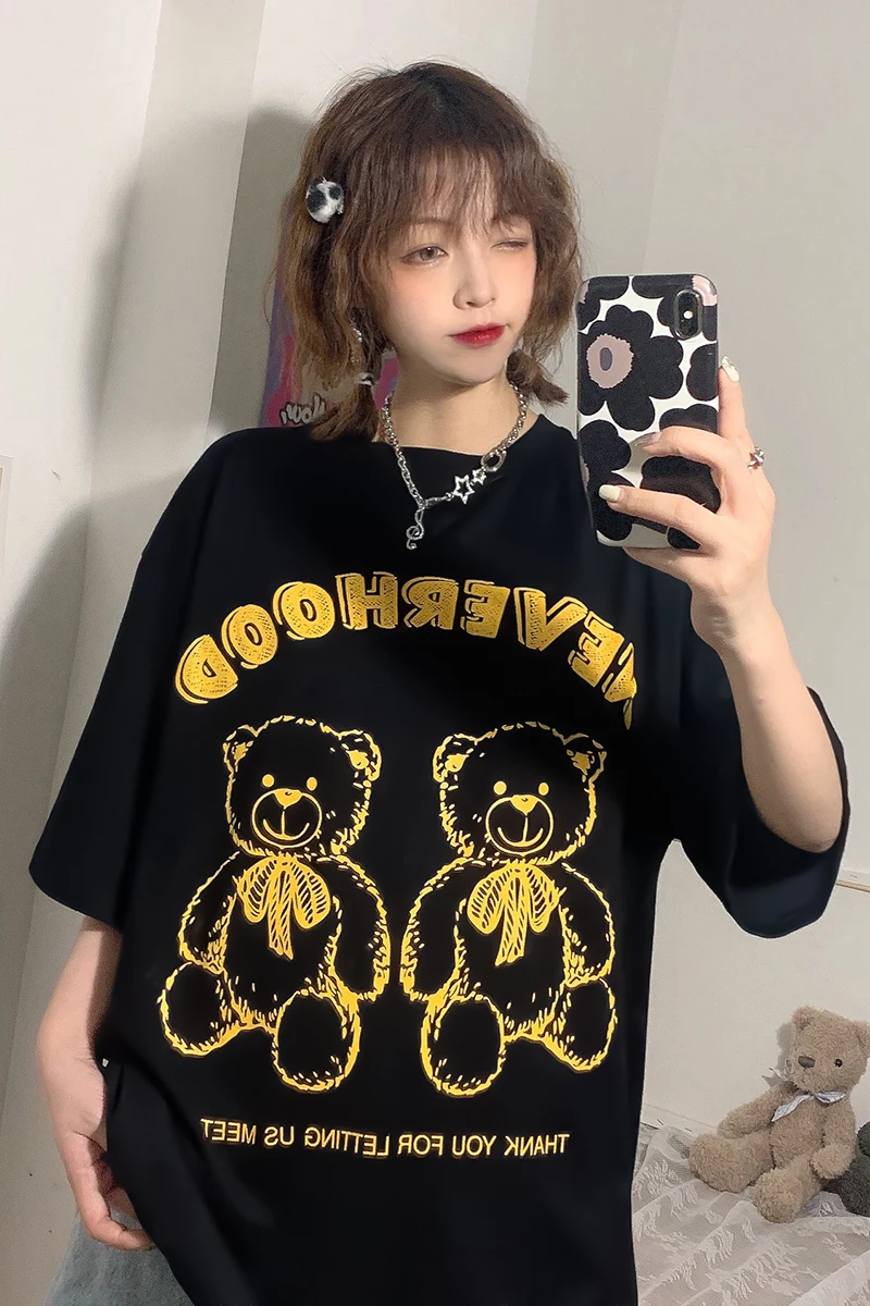 

Little Bear Printing Female T-shirt Streetwear Beautiful Retro Pretty Vestidos Cute Pop Harajuku Hip Hop Hipster Loose T Shirt
