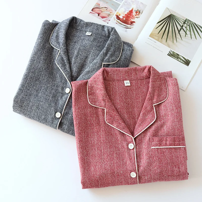

Cotton Pyjamas Women Spring Autumn Long-Sleeved Nightgown Loose Mid-Length Sleepskirt Striped Lapel Cardigan Female Homewear