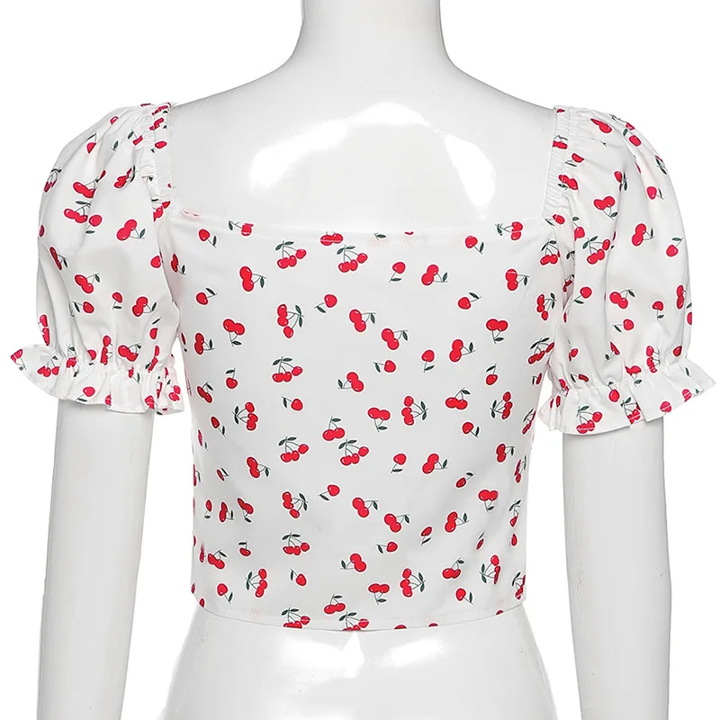

ALLNeon Kawaii Vintage Cherry Printing Bustier Tops 2000s Aesthetics Square Collar Puff Sleeve Crop Tee Y2K Fashion Cute T-shirt