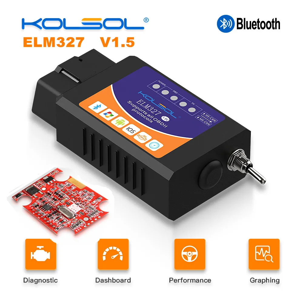 Сканер KOLSOL ELM327 V1.5 Bluetooth OBD2 с переключателем модифицированный для чипа for d CH340 + 25K80