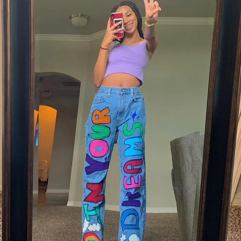

Straight Blue Jeans Women Letter Print High Waist 2021 Fashion Skinny Loose Casual Streetwear Long Trousers Lady Denim Pants
