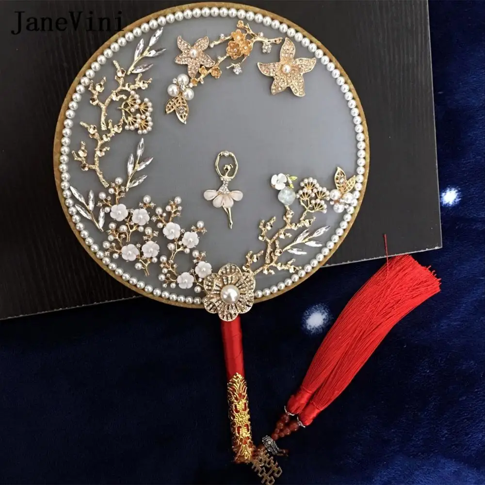 

Jaevini 2021 Уникальный золотой свадебный букет веером, бусины, искусственные цветы, металлический круглый веер, китайские свадебные украшения, ...