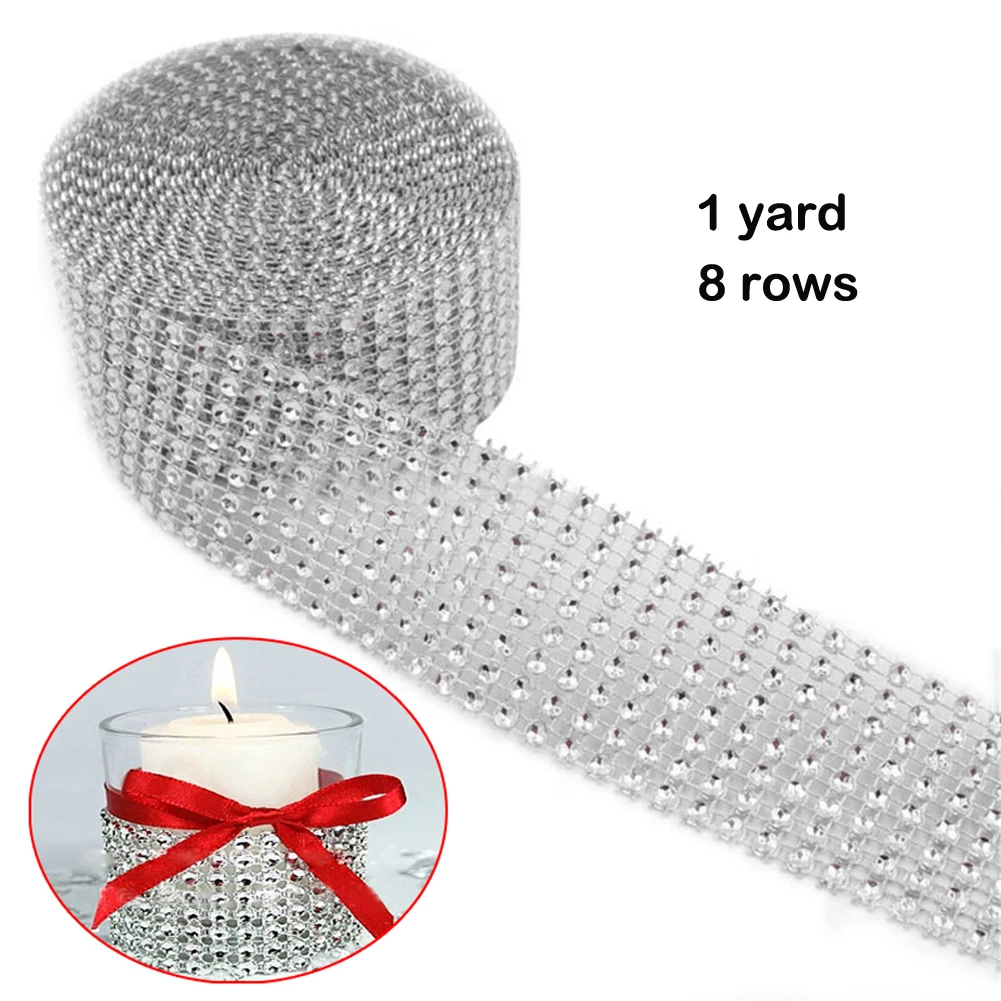 Ярд 8 24 ряда Bling Diamond mesh wrap лента Серебряная сетчатая рулонная лента со стразами Тюль Хрустальная лента Торт свадебное украшение - Цвет: 1yard 8rows silver