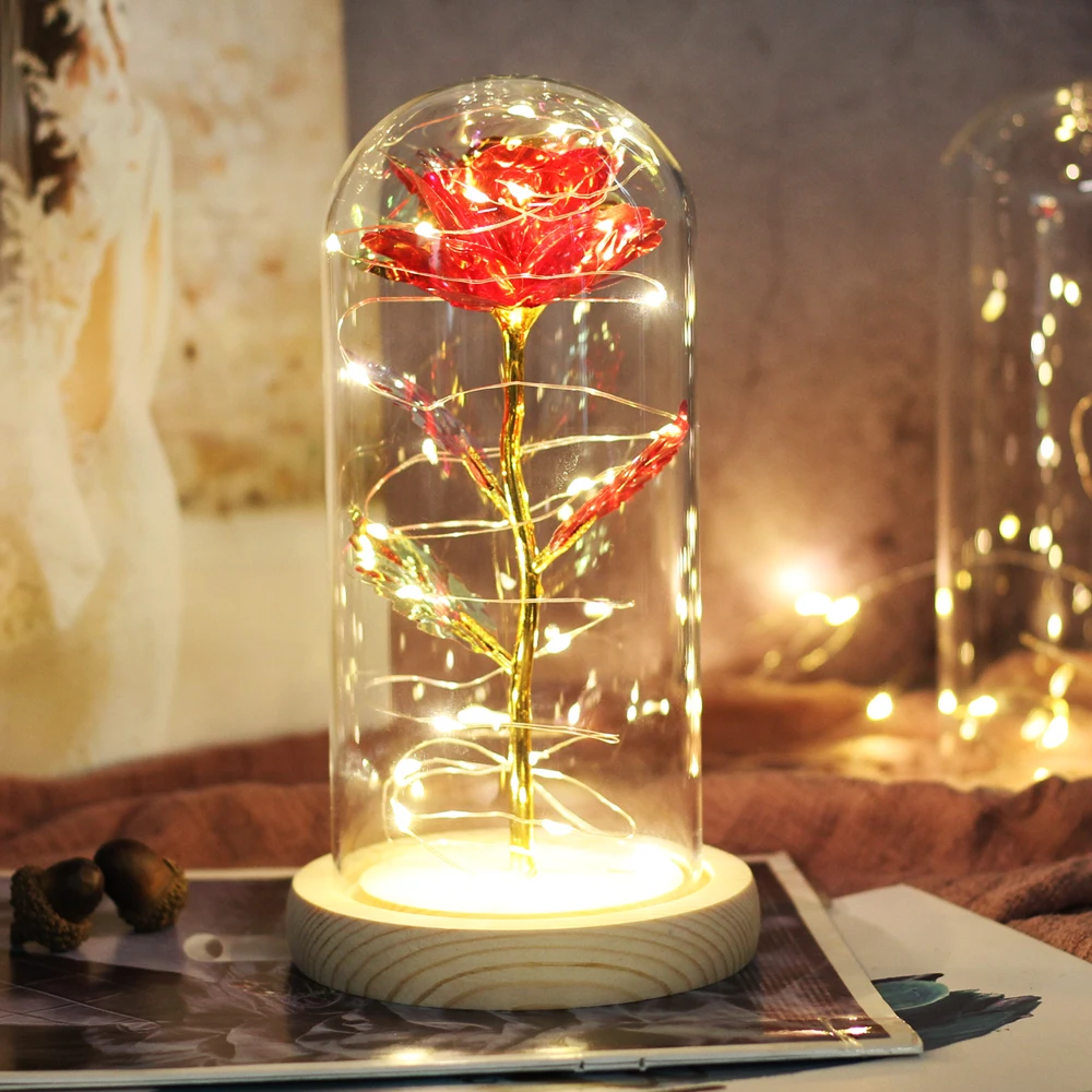 

Artificial Flower Glass In Cover With Lights Beauty And The Beast Home Decor Rose Wedding Mother's Day Gift For Lady Birthday