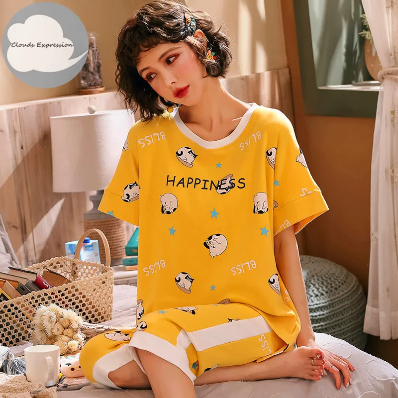 Лидер продаж хлопковые Пижамные комплекты с коротким рукавом женские пижамы