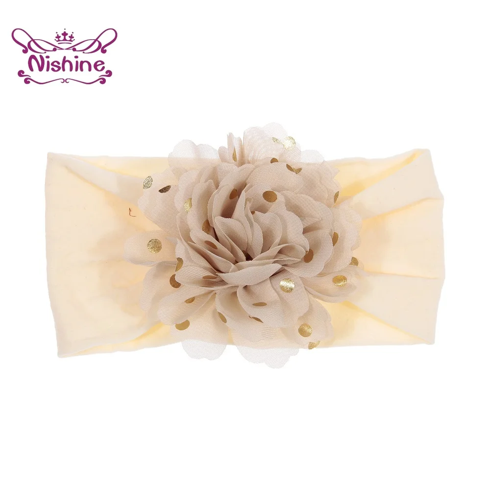 Мягкая эластичная повязка на голову Nishine шифоновая в Золотой горошек с цветами