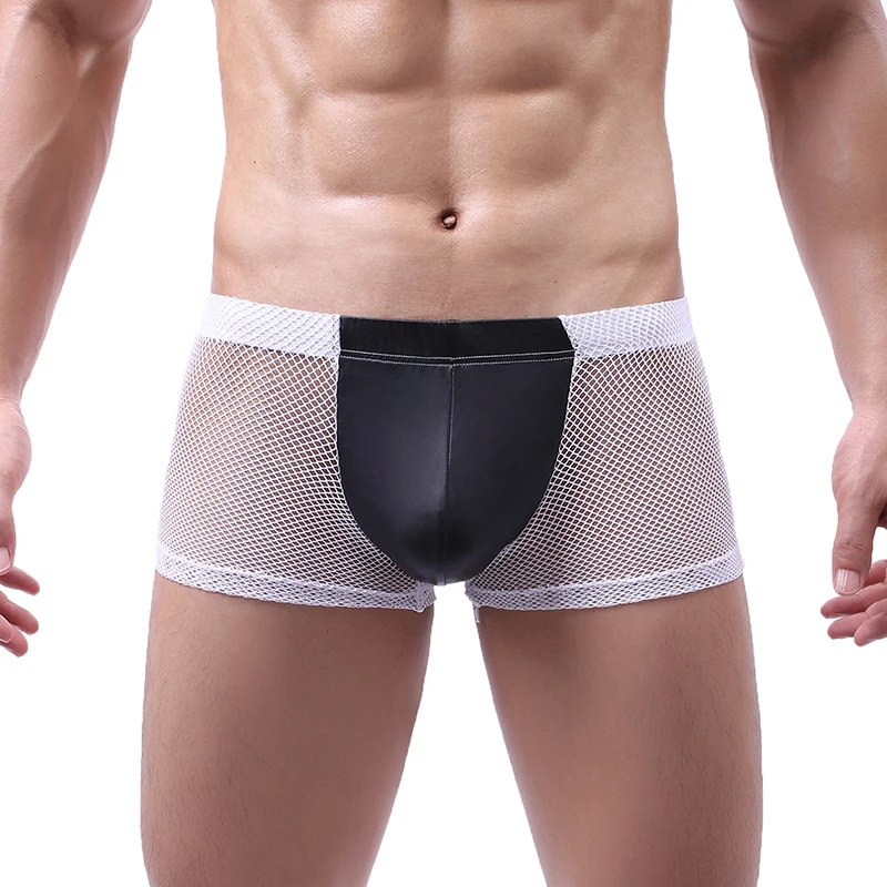 Mens Boxer Shorts Sexy Mesh See Through PU Leather Penis Pouch Underwear Exotic Gay Panties Calzoncillo Hombre Boxershorts XXL | Мужская