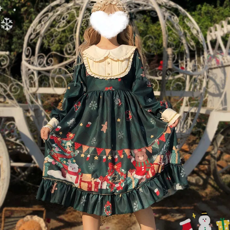 

Lolita Op Dress Women Japanese Kawaii Doll Collar Long-Sleeved Dress Clothing For Female Christmas Bear Cute Princess Dress New