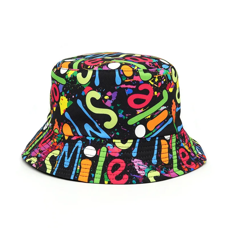 

Women Reversible Bucket Cap Colorful Letter Print Men Fisherman Hat Sun Protection Caps Foldable Hats Female