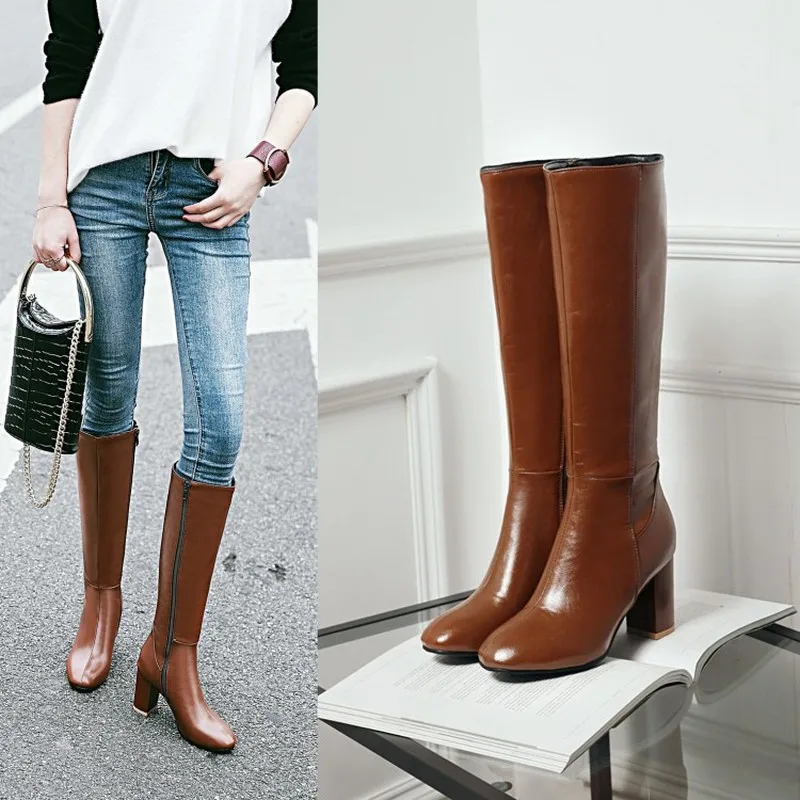 Большие Size32-45; модные ботинки на квадратном каблуке; сезон осень-зима; женская обувь на высоком каблуке с квадратным носком на молнии; сапоги до колена; женская обувь; ; MAZIAO