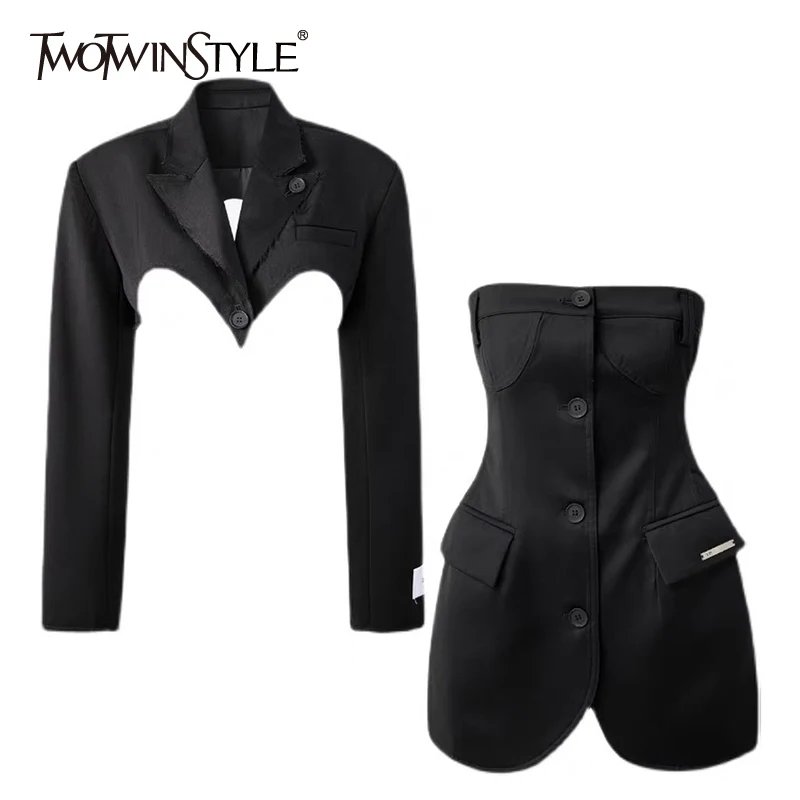 

Женский мини-костюм TWOTWINSTYLE, черный облегающий костюм из двух предметов с длинным рукавом и вырезом лодочкой, без рукавов, с высокой талией