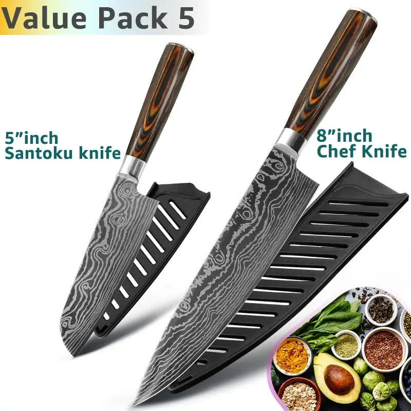 Value Pack 5 Набор кухонных ножей поварские ножи 7CR17 440C из высокоуглеродистой нержавеющей стали дамасский нож для нарезки мяса сантоку набор из 5 предметов - Цвет: Value Pack 5