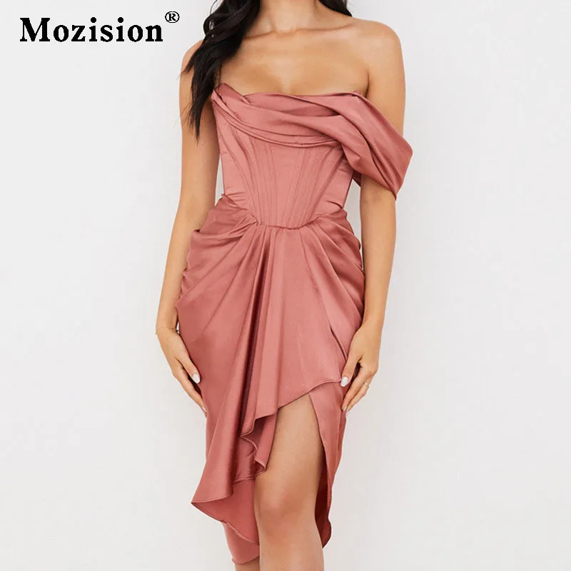 

Mozision Satin Off Shoulder Bodycon Mini Dress Women's Strapless Backless Zipper Dresses Women Clothing Night Club Party Dress