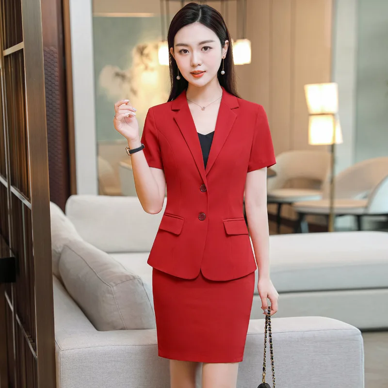 

Korean summer short sleeved business suit business women's business dress red two button jacket and trousers two piece suit