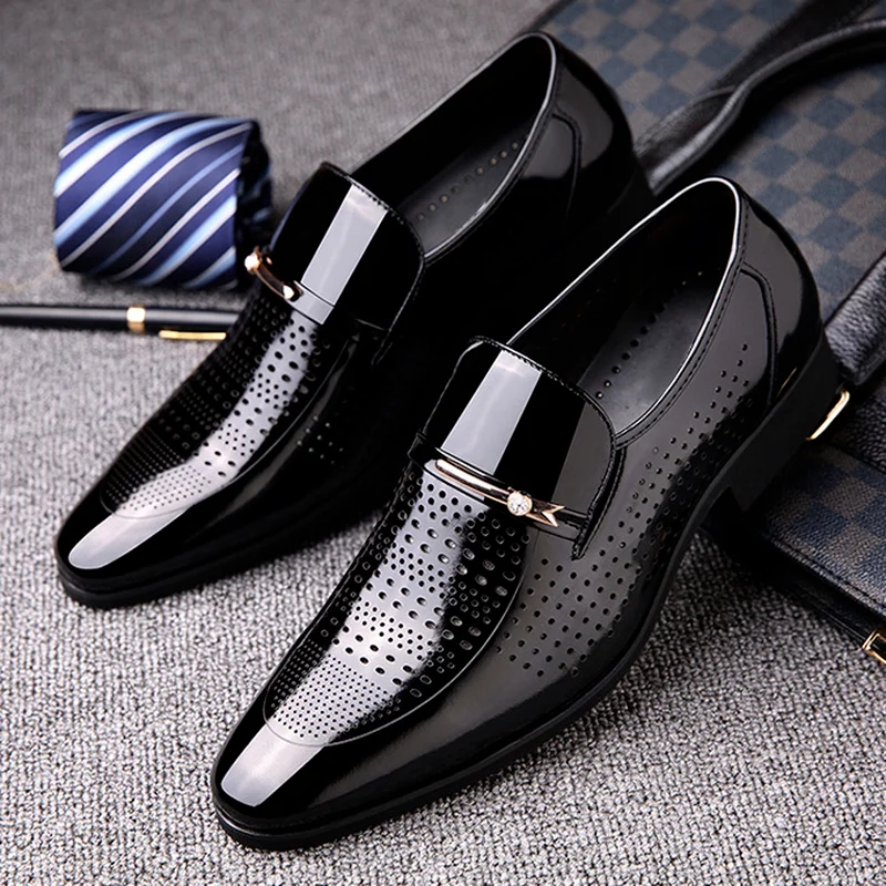 

Mens New Pointed-toe Business Dress Shoes Breathable Hollow Leather Shoes British Retro Bright Leather Casual Mens Leather Shoes