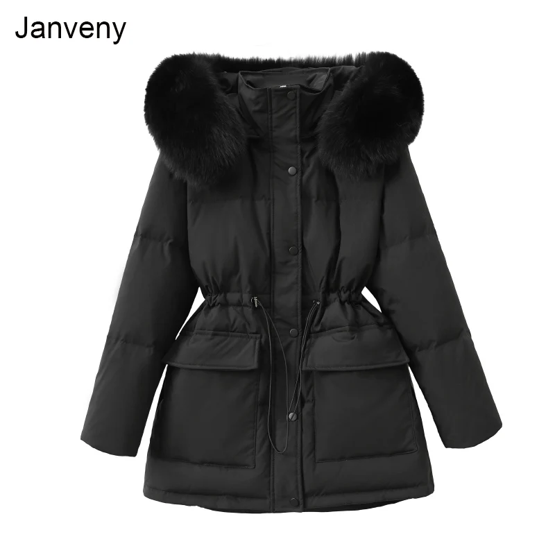 

Куртка Janveny на 90% белом утином пуху, зимнее женское пальто средней длины с большим воротником из натурального Лисьего меха и капюшоном, женск...
