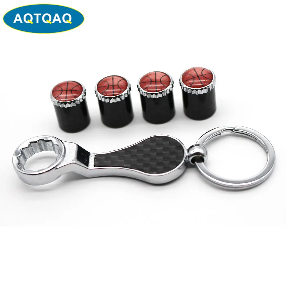 

5Pcs/Set Basketball Style Emblem Auto Car Wheel Tire Air Valve Caps With Wrench Keychain Carbon Fiber + Copper Stem Dust Cover A