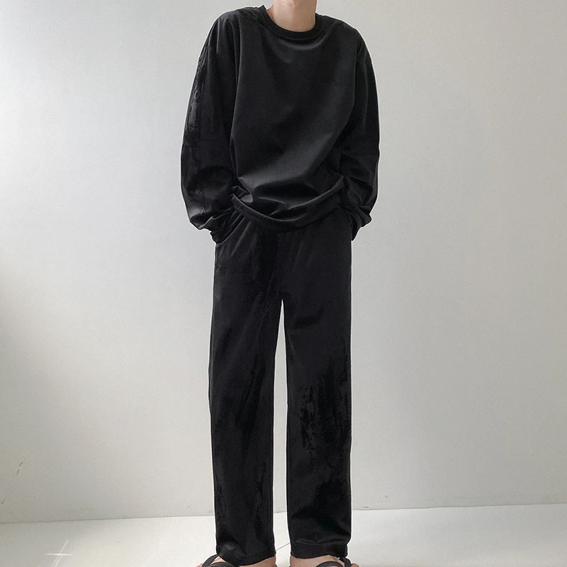

Autumn O-Neck 2-Piece Sweater Suit Men Loose Casual Velvet Lace Trouser Suit Men 2021 Korean Fashion Solid Home Suits Men's