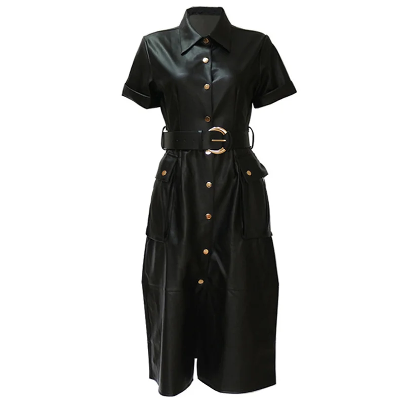 

Nieuwe Mode Jurk Temperament Vrouwen Pu Faux Lederen Jurk Met Riem Korte Mouw Retro Elegante Dames Bruin Mid Lady Jurken