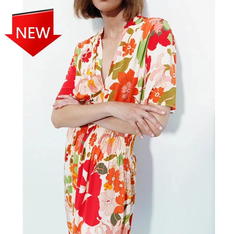 

Dresses Casual Floral Party Elegant Dress A-Line Girls Pullover Summer Women Long Dress 2021 Short Sleeve V-Neck