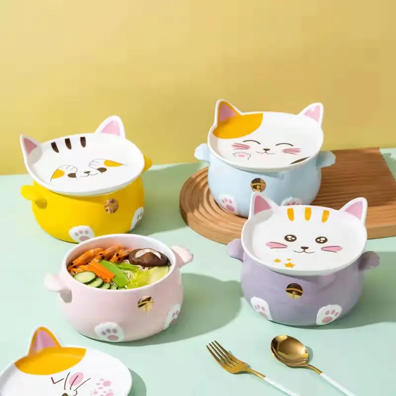 

1080ml Cat Ramen Bowl with Chopsticks Lid Spoon Plate Ceramic Cute Kitchen Salad Fruit Instant Noodle Rice Large Bowl Tableware