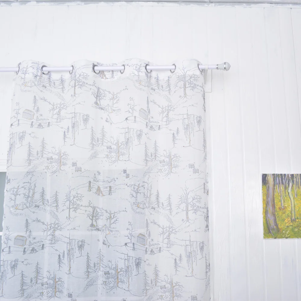 

Прозрачные Занавески FMH для гостиной, спальни, французское окно, драпировка из искусственного льна, тюль с принтом леса, серебряные люверсы