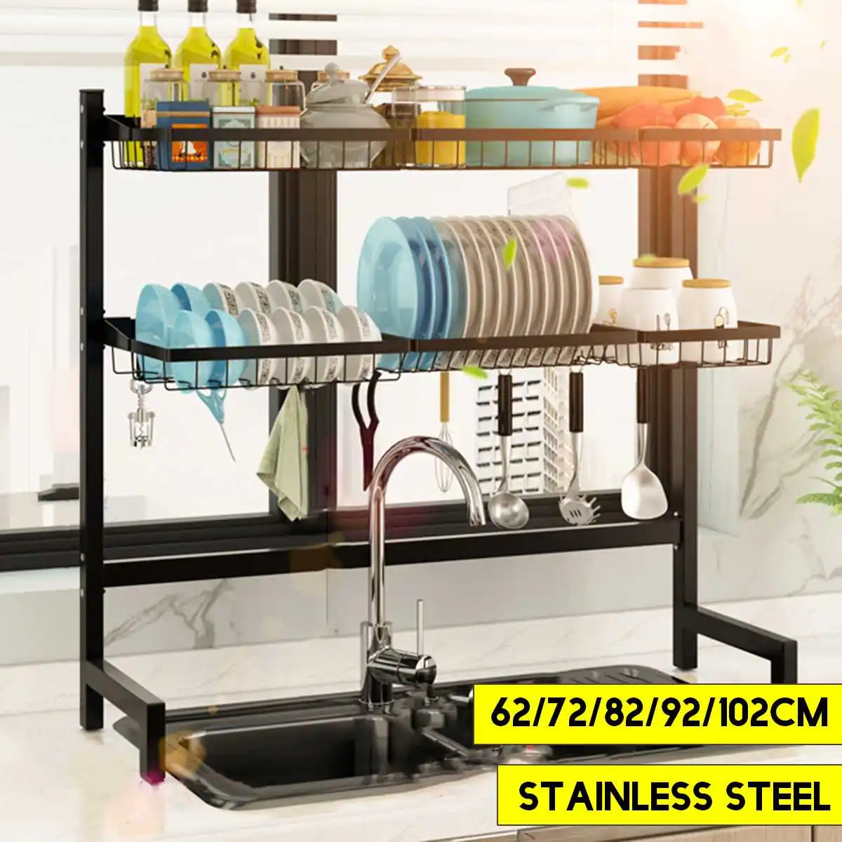 

2-Tier Stainless Steel Dishes Rack Dual Sink Drain Rack Home Kitchen Organizer Rack Dish Shelf Sink Drying Rack 62/72/82/92cm