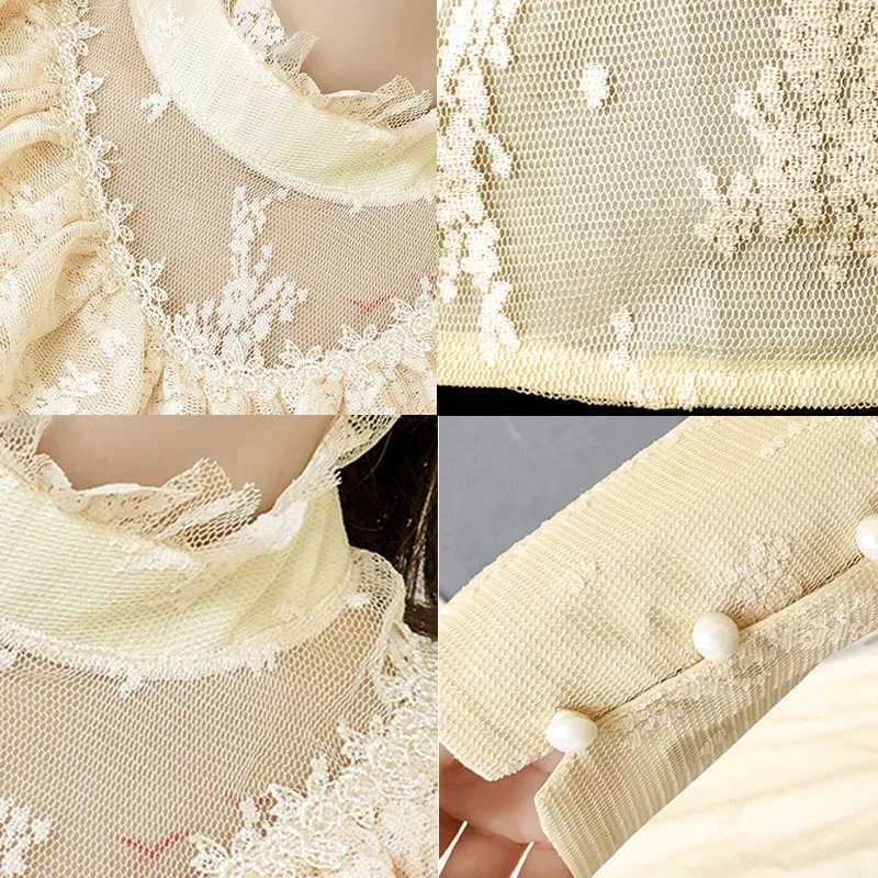 Женская шифоновая блузка с оборками кружевная длинным рукавом и сетчатым