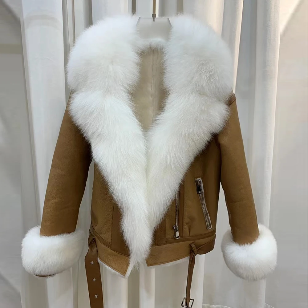 

New 2021 Women Winter Real Fox Fur Coat Genuine Leather Jacket with Fox Fur Turn-down Collar Thick Warm Woman Fur Overcoat