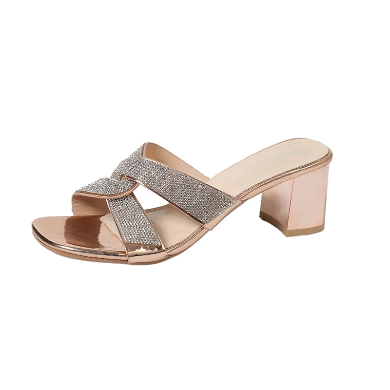 

Summer Women Elegant Fashion Sandals Women Corss Strap Shiny Crystal Decoration Modern Shoes Ladies Dress Party Square Heel