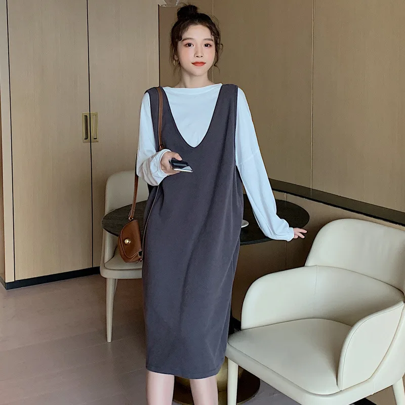 

Maternity spring autumn clothes set long sleeve T-shirt + strap dress two pieces pregnant women clothing suits