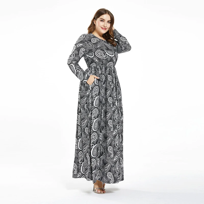 2020 Новая мода размера плюс женское платье с принтом длинным рукавом и круглым