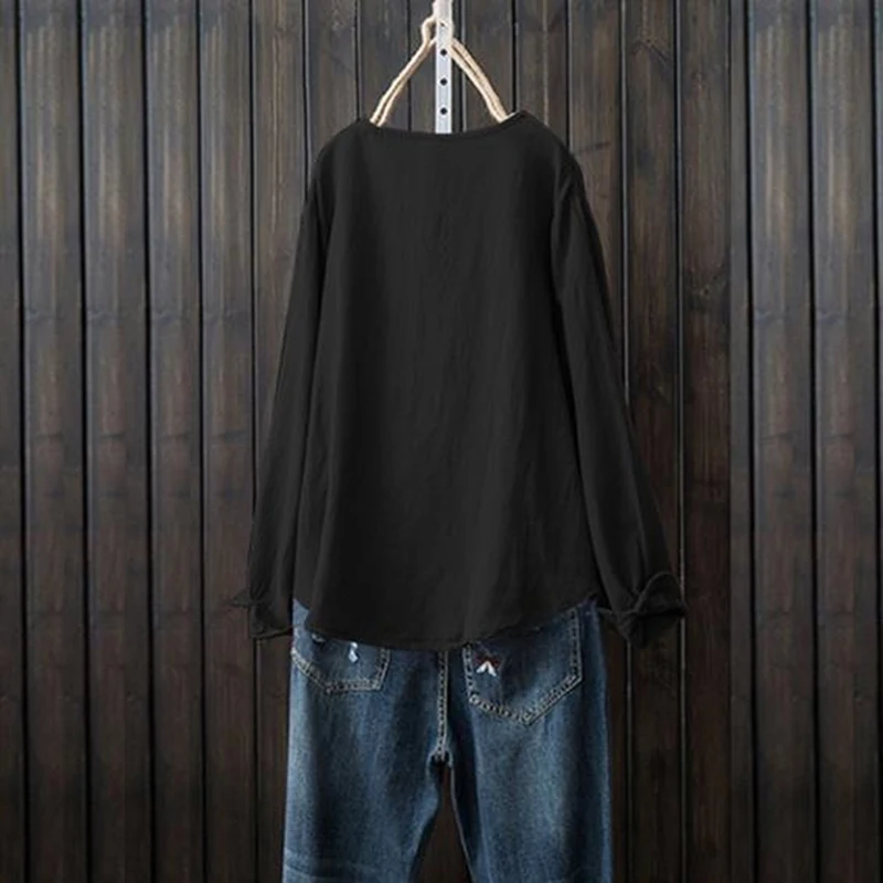 

Autumn New Women Top Button Solid Color Tops Casual Loose Long-sleeved T Shirts Ladies Joker Shirt Casual Loose O-neck T-shirts