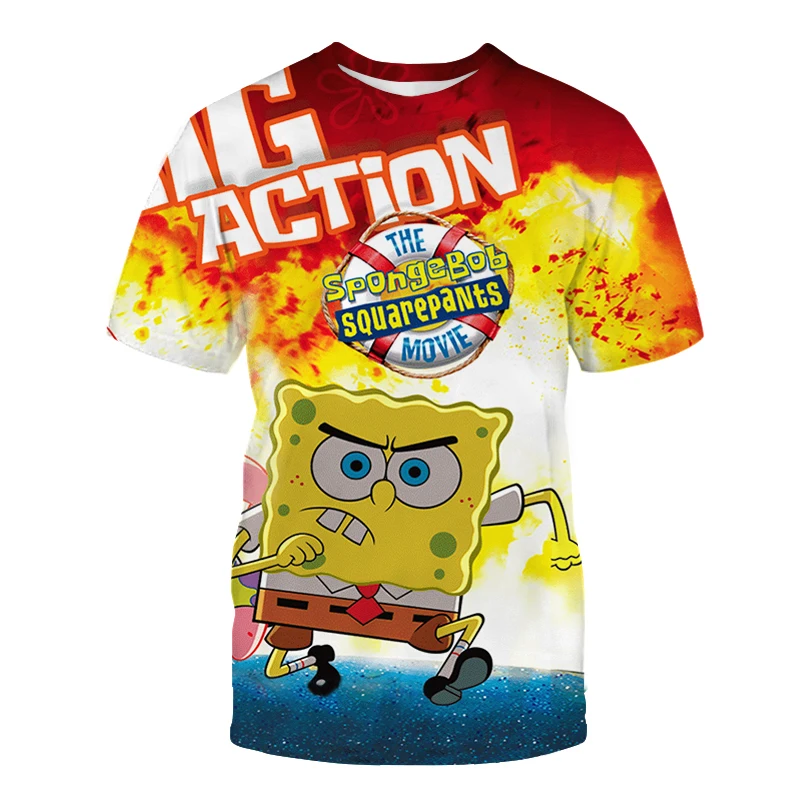 

2021 new classic yellow sponge funny anime 3D effect printing fashion casual sports men's and women's children's short sleeves