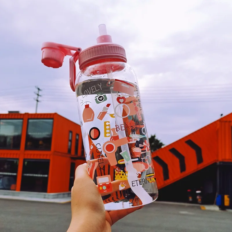 AIWILL Glass Water Bottle Large Capacity Bike Pattern Straw GIRL'S bottles Creative Cute with Measuring 350/500/600/1000ml | Дом и сад