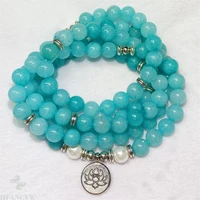 8mm aquamarine 108 bead white pearl lotus pendant mala bracelet meditation classic yoga colorful cuff lucky fancy chakra