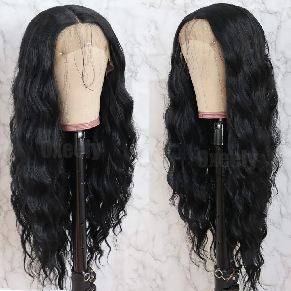 

Натуральный черный 26 дюймов 180% Плотность натуральные волнистые мягкие длинные парики бесклеевые кружевные передние парики для черных женщ...