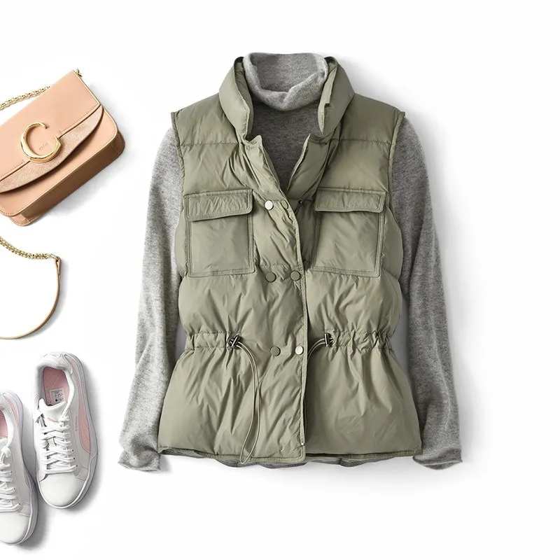 

Autumn and winter new Korean style down vest women's thin white duck down stand-up collar drawstring waist was thin and short