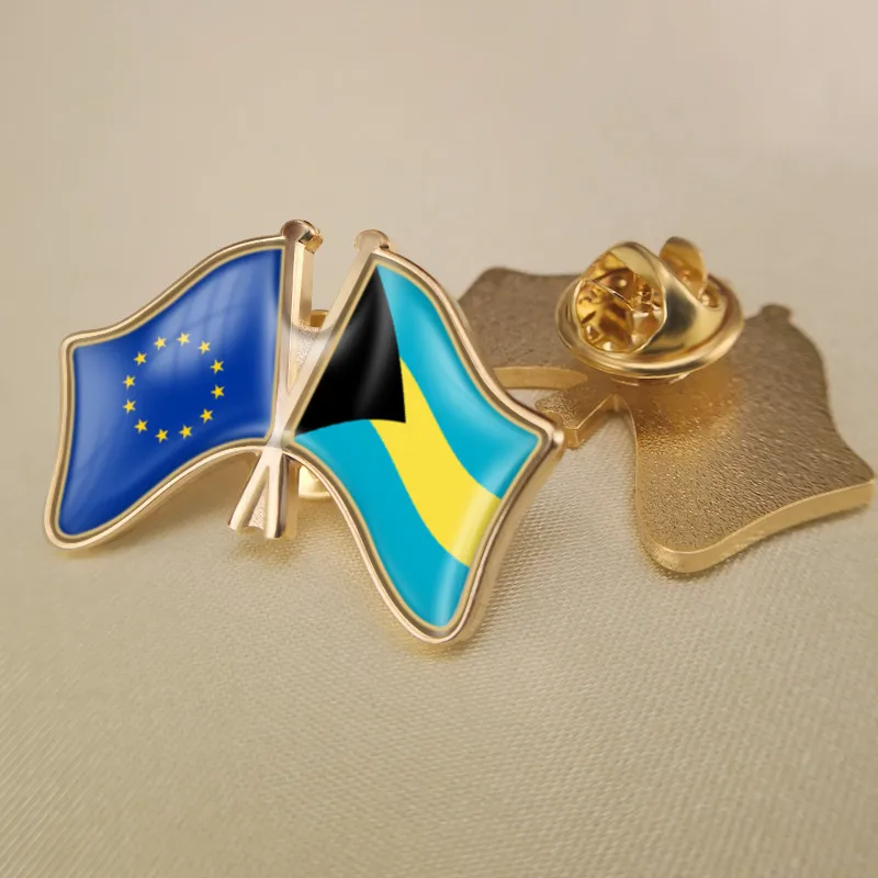 

European Union and Bahamas Crossed Double Friendship Flags Brooch Badges Lapel Pins