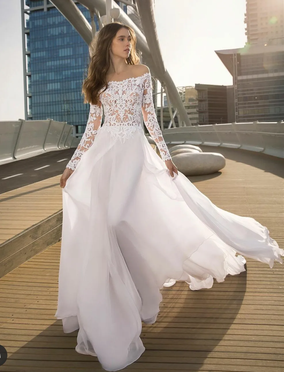 

Lace Chiffon Wedding Dresses Floor Length Boat Neck Vintage Off Shoulder Chiffon Bridal Gown Simple Bride Dress 2022