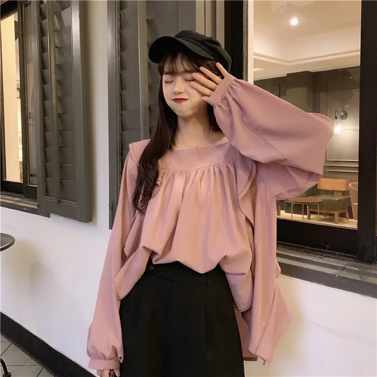 

ruffles sweet square collar lantern sleeve full white loose Korean style shirts high quality Women's Clothing Spring autumn tops