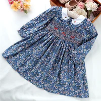 autumn red flower girls dresses princess red blue long sleeve embroidery turn down collar party