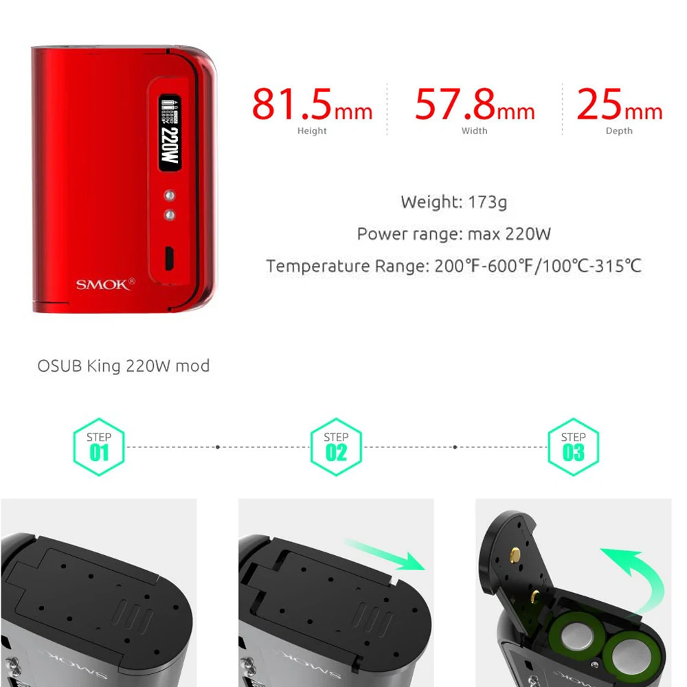 SMOK OSUB King TC Box Mod 220 Вт электронная сигарета Vape мод 18650 для TFV8 детский атомайзер Micro TFV4