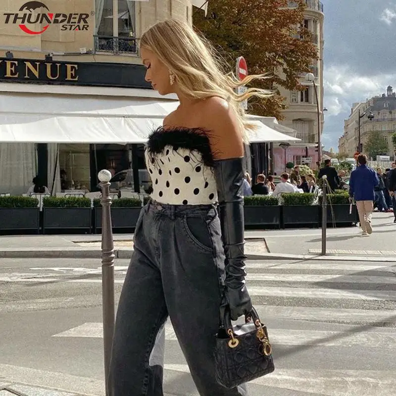 Женский топ в горошек с мехом из кусков сексуальный короткий весна-лето 2020