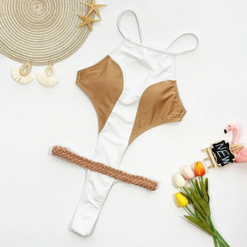 

2020 New High cut thong one piece swimsuit sexy women patchwork swimwear bathing suit beachwear for female